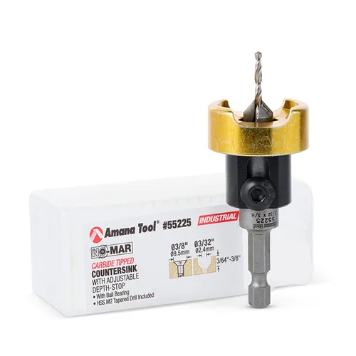 Amana Tool Avellanador de 82 grados con tope de profundidad de broca y rodamiento de bolas sin empuje, 55225, taladro de 3/8 D x 3/32 de profundidad