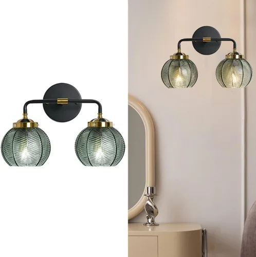 Miniatura 18 de Lámparas de baño de mediados de siglo, aplique de pared de 2 luces con pantalla de vidrio con rayas verdes, luz de montaje en pared, luces modernas