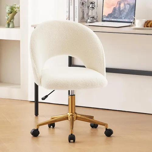 Miniatura 2 de Furnimart - Silla giratoria con ruedas para escritorio, silla ajustable de piel sintética para tocador con patas doradas, linda silla de tareas