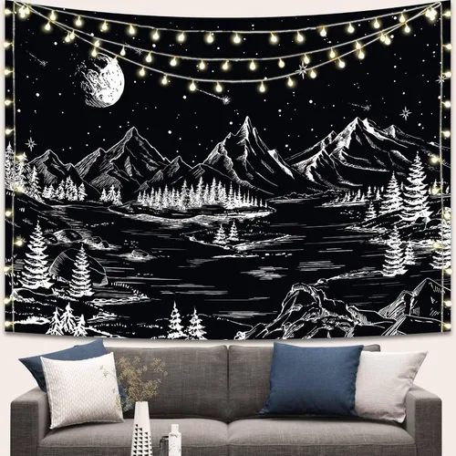 Apdidl Tapiz en blanco y negro de noche estrellada, tapices de montaña para dormitorio, tapiz estético de luna y estrellas, tapiz de pared para