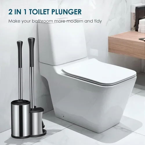Miniatura 7 de Émbolo de inodoro y cepillo de inodoro con soporte de émbolo y cepillo de inodoro combinado con mango de acero inoxidable para limpieza de baño
