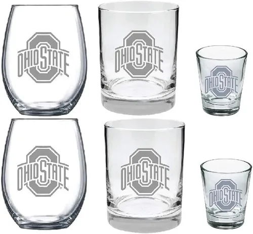 Ohio State Buckeyes - Juego combinado de 6 piezas de vidrio grabado satinado, incluye 2 copas de vino, 2 rocas / vasos de whisky y 2 vasos de chupito
