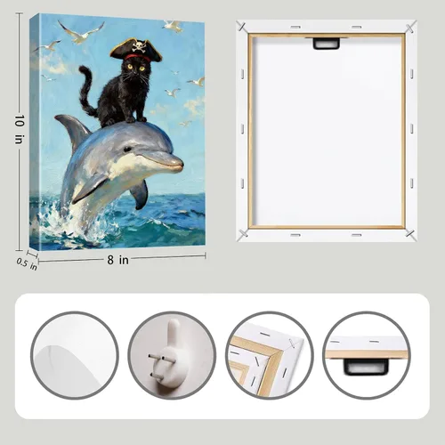 Miniatura 6 de Arte de pared enmarcado para baño, gato negro, aventura oceánica, póster de lienzo de 4 piezas de gato pirata náutico con caballito de mar, manatí