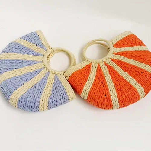 Miniatura 5 de Bolsos de paja de ratán semicírculo, tejido a mano para mujer, bolso de asas retro de paja de verano, bolso cruzado colorido, bolso bohemio