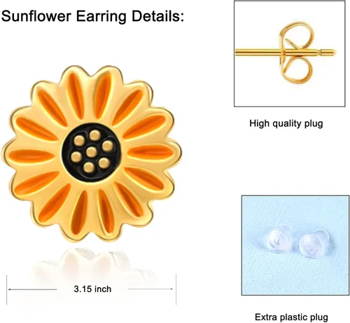 Miniatura 5 de Sepfavo Aretes tipo dormilona de girasol, joyería para niñas y mujeres, bonitos aretes esmaltados con girasol, dorados, hipoalergénicos para niñas