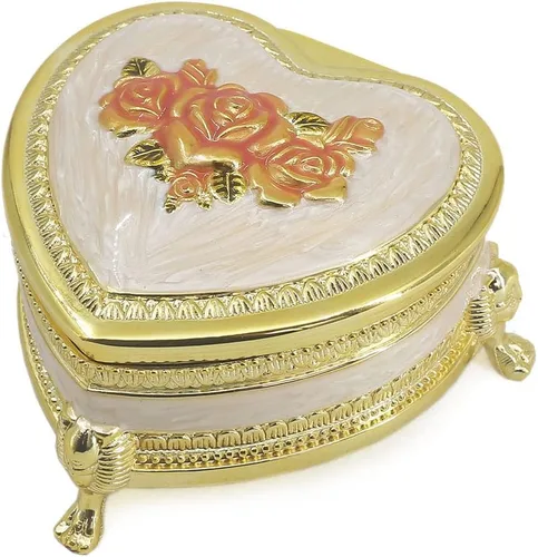 Miniatura 28 de ROSIKING Caja de música de aleación de metal en relieve en forma de corazón azul, caja musical antigua para joyería con cuerda, regalos