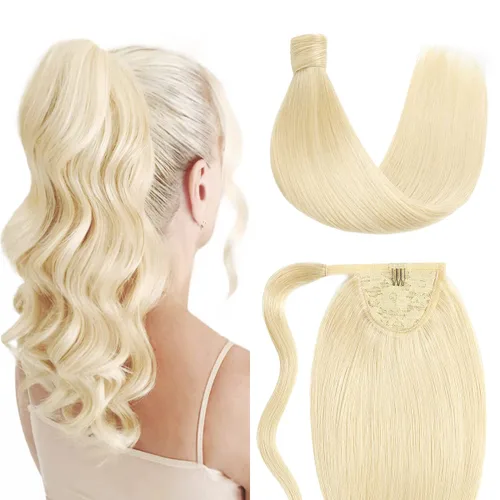 SUYYA Extensión de cola de caballo de cabello humano con clip, extensión de cabello humano lacio con pasta mágica, 2.82 oz, 16 pulgadas, rubio