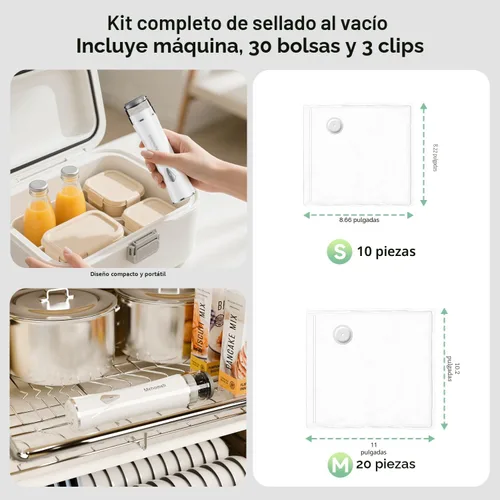 Miniatura 7 de Mehomeli Sellador al vacío compacto para alimentos (máquina selladora al vacío + 30 bolsas de vacío reutilizables), potente máquina selladora al