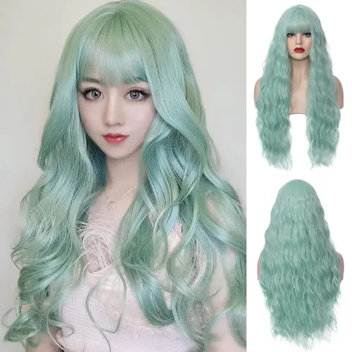 Peluca de cabello largo ondulado con flequillo para mujer, de 27 pulgadas, de fibras sintéticas resistentes al calor, para fiestas de cosplay, Verde