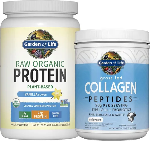 Garden of Life Power Bundle – Polvo de péptidos de colágeno para cabello, piel, uñas y articulaciones, sin sabor, 28 porciones + proteína de