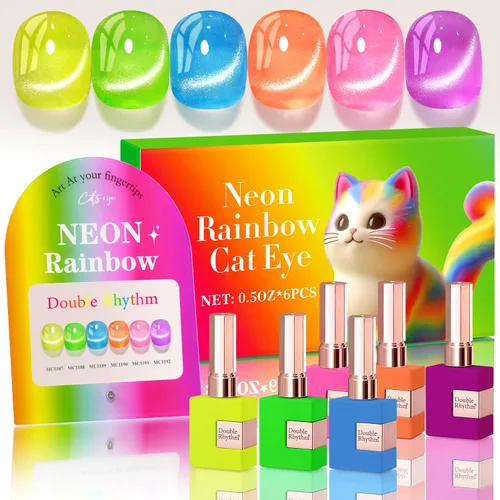 Miniatura 17 de Double Rhythm - Juego de esmalte de uñas de gel ojo de gato de 6 unidades, mismo color, misma botella, 14.8 ml, brillo con glitter, con imán