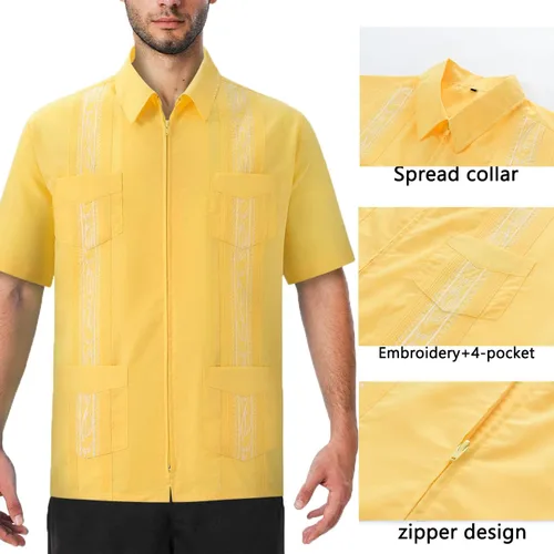 Miniatura 2 de Camisas Guayabera de manga corta para hombre, con cremallera cubana, casuales, de algodón, con bolsillos
