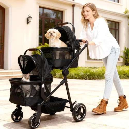 Miniatura 3 de Carriola doble plegable para mascotas para 2 gatos y perros pequeños y medianos, carriola integrada ligera para mascotas, individual y doble