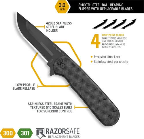 Miniatura 6 de OUTDOOR EDGE RAZOR VX3 ONYX PRO - Cuchillo de apertura manual con hoja reemplazable EDC cuchillo de bolsillo plegable - Hoja de 3 pulgadas, Onyx Pro