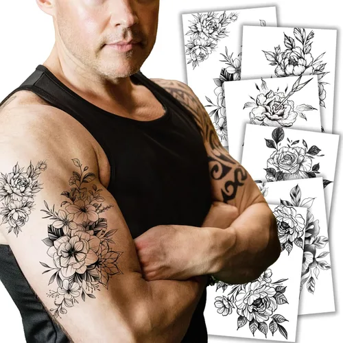 Miniatura 11 de Kotbs 6 hojas de tatuajes temporales de animales en 3D para mujeres y hombres, tatuajes realistas impermeables falsos con patrón de lobo y león