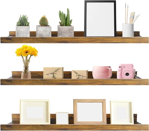 Miniatura 26 de Giftgarden Estantes flotantes de 16 pulgadas montados en la pared, estante de madera de grano de madera beige blanco cremoso para baño, dormitorio