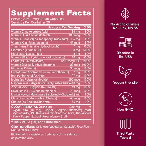 Miniatura 5 de Glow Vitaminas prenatales + folato & DHA – Multivitamínico para nutrir el embarazo, para bebés y mamá saludables – Ácido fólico, jengibre, zinc