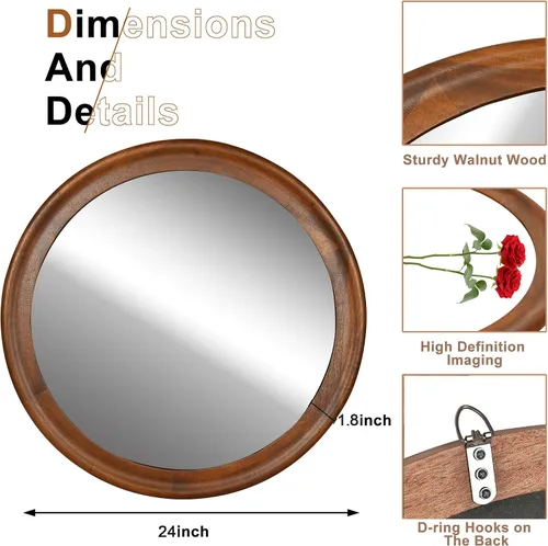 Miniatura 7 de CULER Espejos de Pared Redondos de 24 Pulgadas, Espejo Decorativo Rústico de Madera de Transición con Marco de Nogal para Pared, Espejo de Tocador