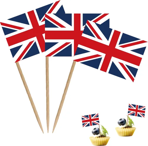 Bandera de palillo de dientes británico del Reino Unido Reino Unido Union Jack National, mini cóctel de frutas, decoración de banderas, 100 unidades