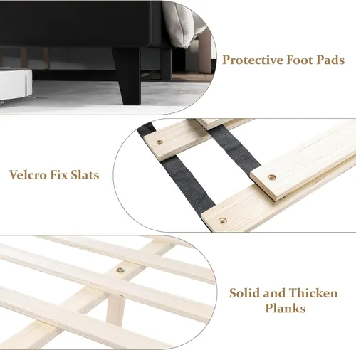 Miniatura 5 de Base de cama tamaño Queen, plataforma tapizada con cabecera de ala y diseño capitoné de botones, soporte de listones de madera, fácil montaje,