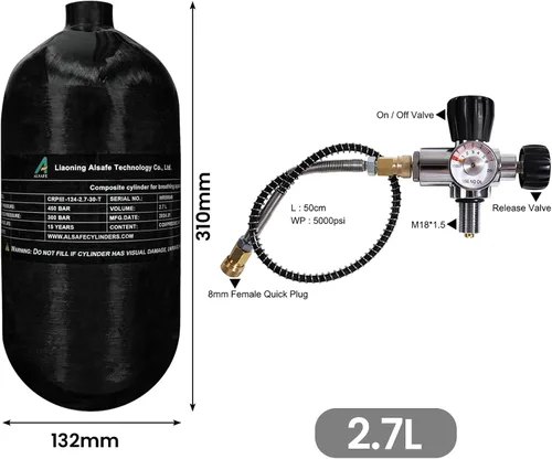 Miniatura 2 de TUXING Tanque de buceo de fibra de carbono 4500Psi 2.7L con medidor de regulador de válvula de llenado de paintball, cilindro compuesto de alta
