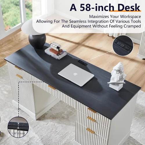 Miniatura 4 de JXQTLINGMU Escritorio ejecutivo moderno de 58 pulgadas con almacenamiento, escritorio de madera para oficina en casa con 5 cajones y 1 gabinete