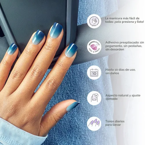 Miniatura 6 de KISS imPRESS Uñas a presión sin pegamento, 'Baby why so Blue', Azul, Tamaño corto, Forma cuadrada, Incluye 30 uñas, almohadilla de preparación, hoja
