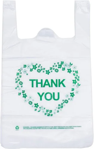 LazyMe Thank You - Bolsas para camisetas de plástico blancas con asas, tamaño estándar de supermercado, 12 x 20 pulgadas (100 unidades)