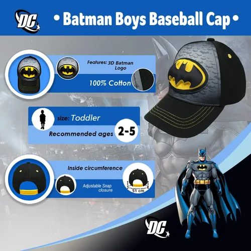 Miniatura 3 de DC Comics Batman - Gorra de béisbol 3D negra para niños de 2 a 5 años, Amarillo