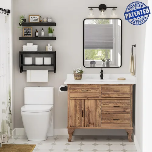Miniatura 2 de Estantes flotantes de baño QEEIG para pared - Estante sobre inodoro para almacenamiento de papel higiénico estilo granja 40.6 cm, juego de 3, negro