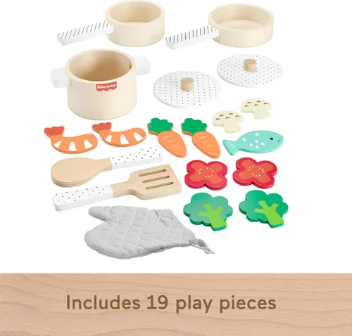 Miniatura 5 de Fisher-Price Juego de Cocina de Madera de Juego de Simulación Juego de Ollas y Sartenes, Conjunto de Juego de 19 Piezas de Madera, Metal y Tela