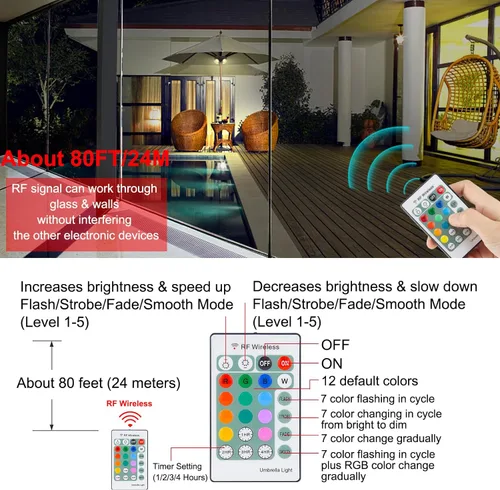 Miniatura 4 de Luz de sombrilla funciona con pilas, 16 luces RGB que cambian de color para sombrilla de patio con control remoto, luces exteriores debajo