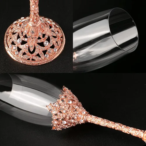 Miniatura 3 de Copas de champán - Juego de 2 pares de flautas de champán con base de metal de cristal y piedras de cristal, para brindis, aniversarios, bodas, Oro