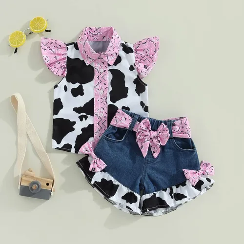 Miniatura 3 de Emmababy Trajes de mezclilla occidentales para niñas pequeñas, con volantes, sin mangas, con estampado de vaca, con botones, con cinturón