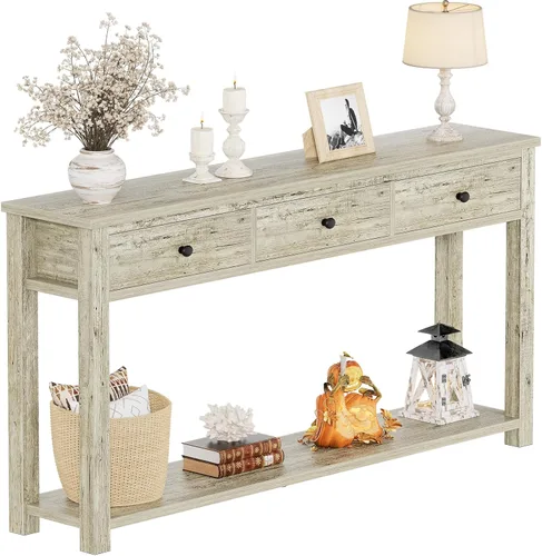 Miniatura 13 de Homieasy Mesa consola de granja con 3 cajones, mesa de sofá de madera de 47 pulgadas con estante de almacenamiento para sala de estar, detrás