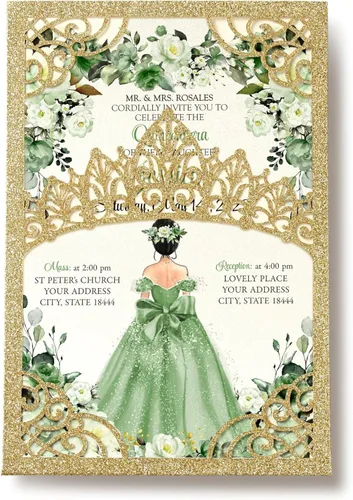 Miniatura 13 de 50 invitaciones de quinceañera con corona negra perlada cortada con láser Invitaciones de cumpleaños florales burdeos para Sweet 16/Miss XV