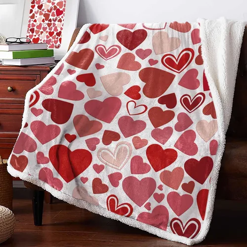 T&H XHome Manta de forro polar, acogedora, suave y cálida, para el día de San Valentín, color rojo oscuro, rosa, corazón, mullido, de microfibra,