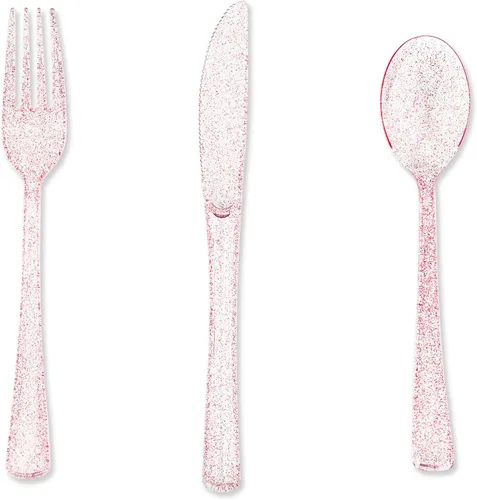 hapray Juego de cubiertos de plástico color oro rosa de 180 piezas, cubiertos desechables con purpurina, juego de cubiertos, 60 tenedores, 60
