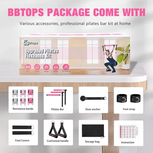 Miniatura 8 de Kit de barra de pilates Bbtops con bandas de resistencia, barra de pilates con bandas apilables, equipo de entrenamiento para piernas, cadera, Rosa