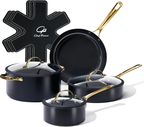 Miniatura 10 de Chef Power Juego de utensilios de cocina de cerámica, 10 ollas y sartenes antiadherentes, juego de utensilios de cocina con mango de acero