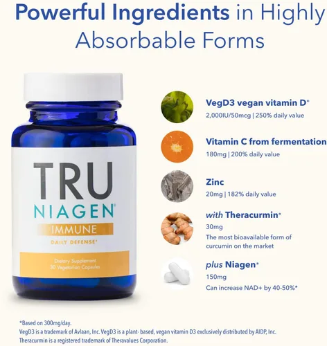 Miniatura 2 de TRU NIAGEN Suplemento de apoyo inmunológico – Defensa diaria – Vitamina C de fermentación, vitamina D3 vegana 2000 UI, zinc, más teracurmina