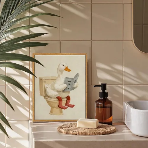 Miniatura 5 de AtterrirArt Divertido arte de pared enmarcado para baño, 8 x 10 pulgadas, lindo pato en el inodoro, lectura de periódico, decoración de pared