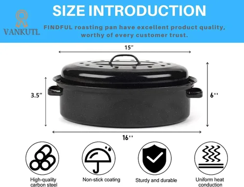 Miniatura 2 de Sartén para asar de 16 pulgadas con tapa - Cacerola ovalada cubierta - Olla para asar de acero al carbono esmaltada - Excelente distribución