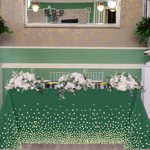 Miniatura 2 de Set de mantel y camino de mesa de lentejuelas Tudomro, 54 x 108 pulgadas con lunares y confeti, mantel de plástico brillante para fiestas de Verde