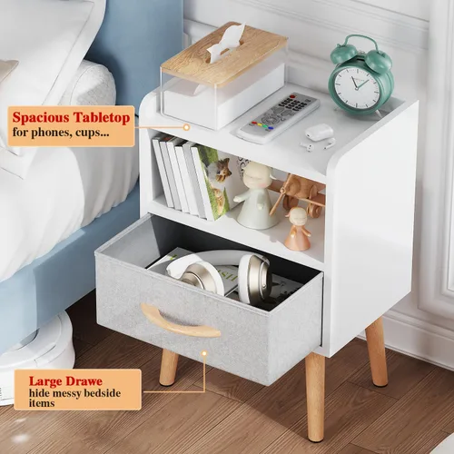 Miniatura 5 de LUCKNOCK Mesita de noche blanca con cajón, mesita de noche moderna de mediados de siglo, mesita de noche de madera resistente con estante