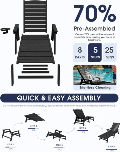 Miniatura 9 de KINGYES Sillón de polietileno de alta densidad para exteriores, tumbona reclinable para patio con portavasos para todo tipo de clima, tumbona