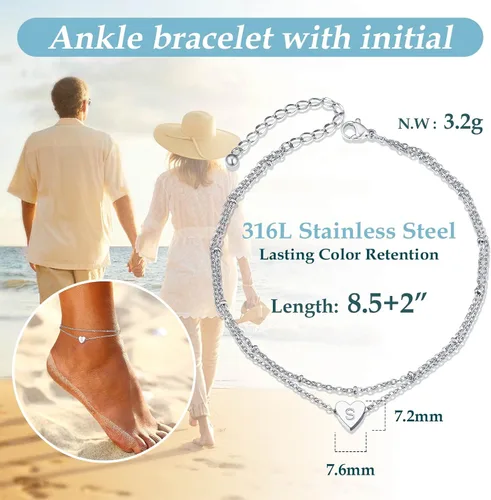 Miniatura 6 de ChainsProMax Tobillera de corazón elegante, cadena de pie de playa de verano para mujer, pulsera de tobillo inicial de la A a la Z, ajustable