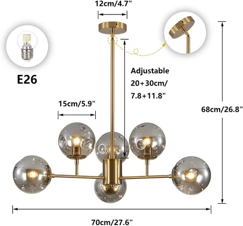 Miniatura 2 de BOKT Lámpara colgante moderna de mediados de siglo con 6 luces, lámpara colgante de globo de latón cepillado, lámpara Sputnik grande de globo