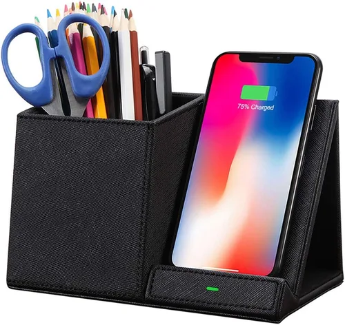 COSOOS Cargador inalámbrico rápido con organizador de escritorio, cargador de teléfono de escritorio compatible con 15/15 Pro/15 Pro