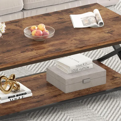 Miniatura 6 de HSH Mesa de centro de madera con almacenamiento, mesa de café rústica marrón para sala de estar, mesa central moderna minimalista de 2 niveles, mesa
